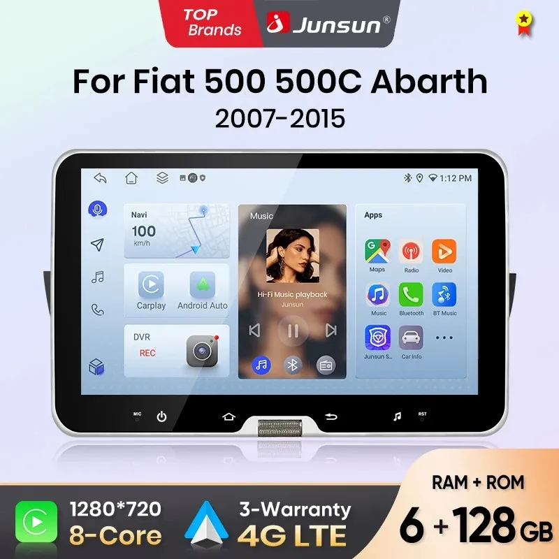 Image of Junsun 10-Zoll-Android-Auto-Autoradio für Fiat 500 500C Abarth 2007-2015 mit kabellosem CarPlay, GPS-Navigation, Smart-System und FM-Radio