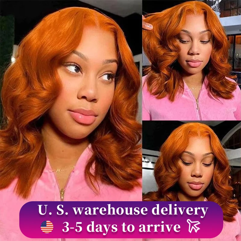 #350 Ginger Orange Short Bob Wig 13x4 Transparent  Hd Lace Frontal Wig Loose Body Wave Human Hair PrePlucked With Baby Hair 180%