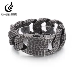Fongten Heavy Curb Bracelet for Men Vintage Stainless Steel Foundry Tapping Pattern Cuban Chain Male Bangle Bracelets Jewelry