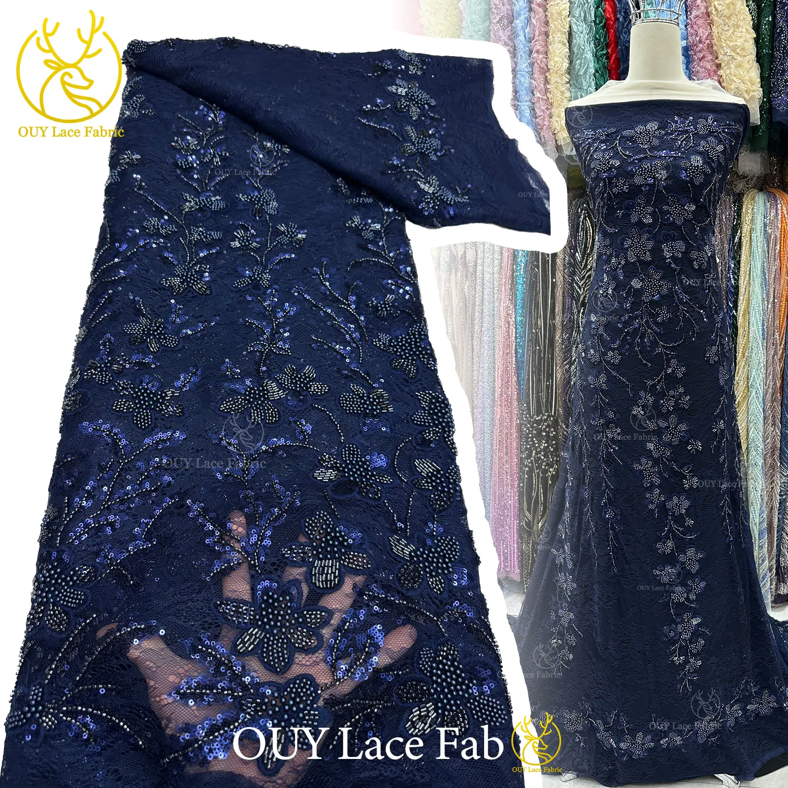 

African Groom Embroidered Sequin Lace Fabric 2026 Luxury Navy French Beaded Lace Fabric for Bridal Wedding Party Dress Sewing