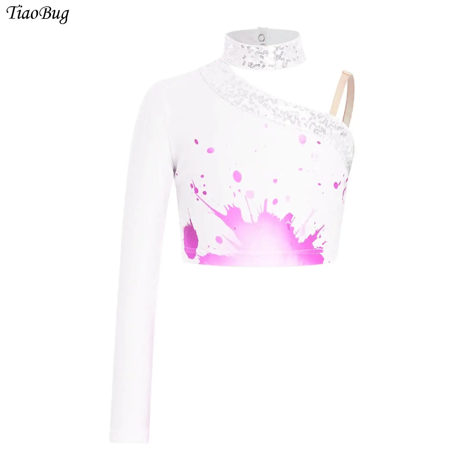 

Kids Girls Stylish Printed Gymnastics Dance Tops Sequin One Shoulder Asymmetrical Dance Crop Top Ballet Figure Skating Costumes