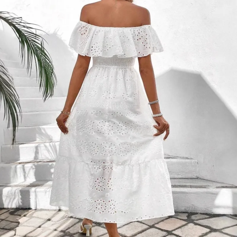 Vestido de Noiva Feminino Boêmio de Renda Longo Branco para Praia Novo Tomara que Caia Ombro Único Sexy Vestido Maxi de Baile para Mulheres Vestidos