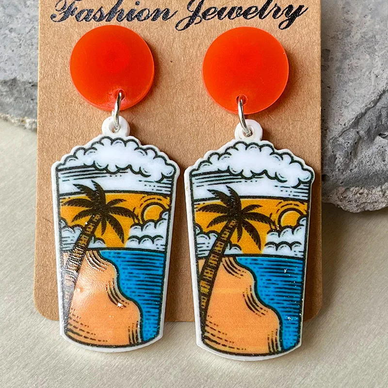 Sunrise Sunset Acrylic Summer Earrings Beach Scene Holiday Coconut Tree Sunclasses Beach Holiday Beer Drinks Print Earrings