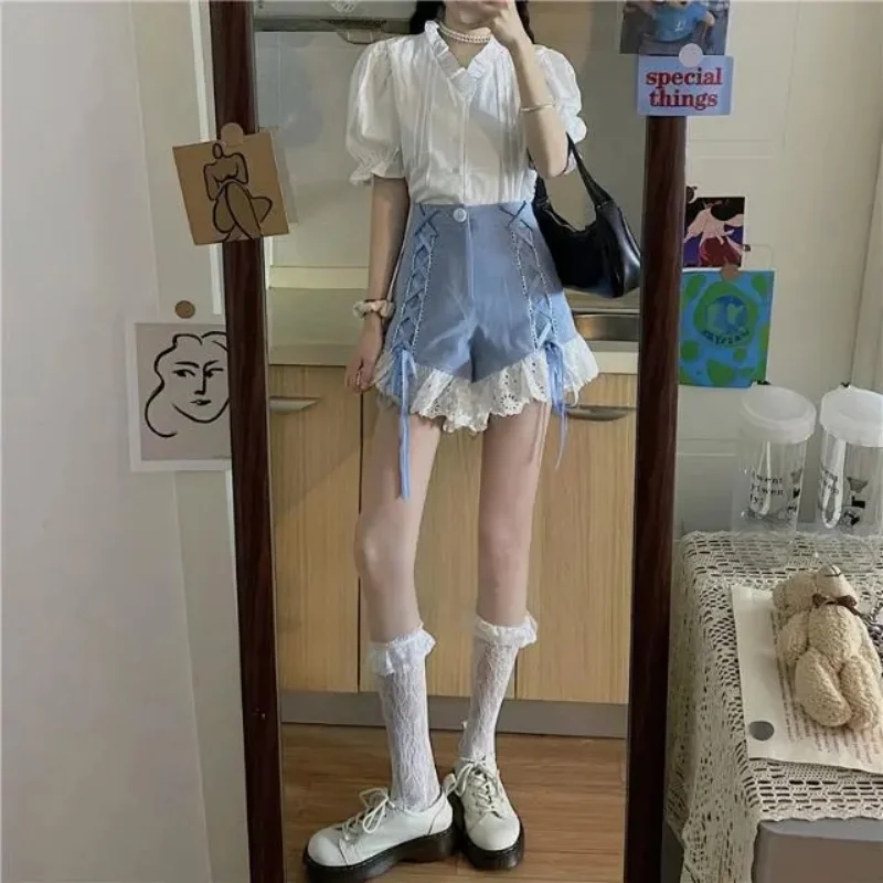 Summer Female Korean Y2k Shorts Version of Lace Sweet Ruffled Patchwork Bandage High Waist Shorts Female Harajuku Punk Shorts