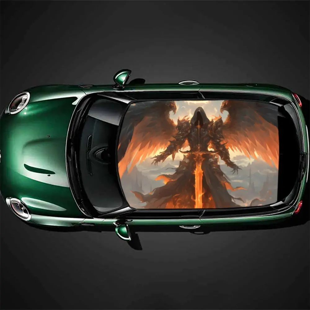 غلاف فينيل للسيارة Nether Lord المجنح الناري، ملصق لفينيل سقف السيارة PVC، فيلم ذاتي اللصق مقاوم للماء ومقاوم للخدش، ديكور