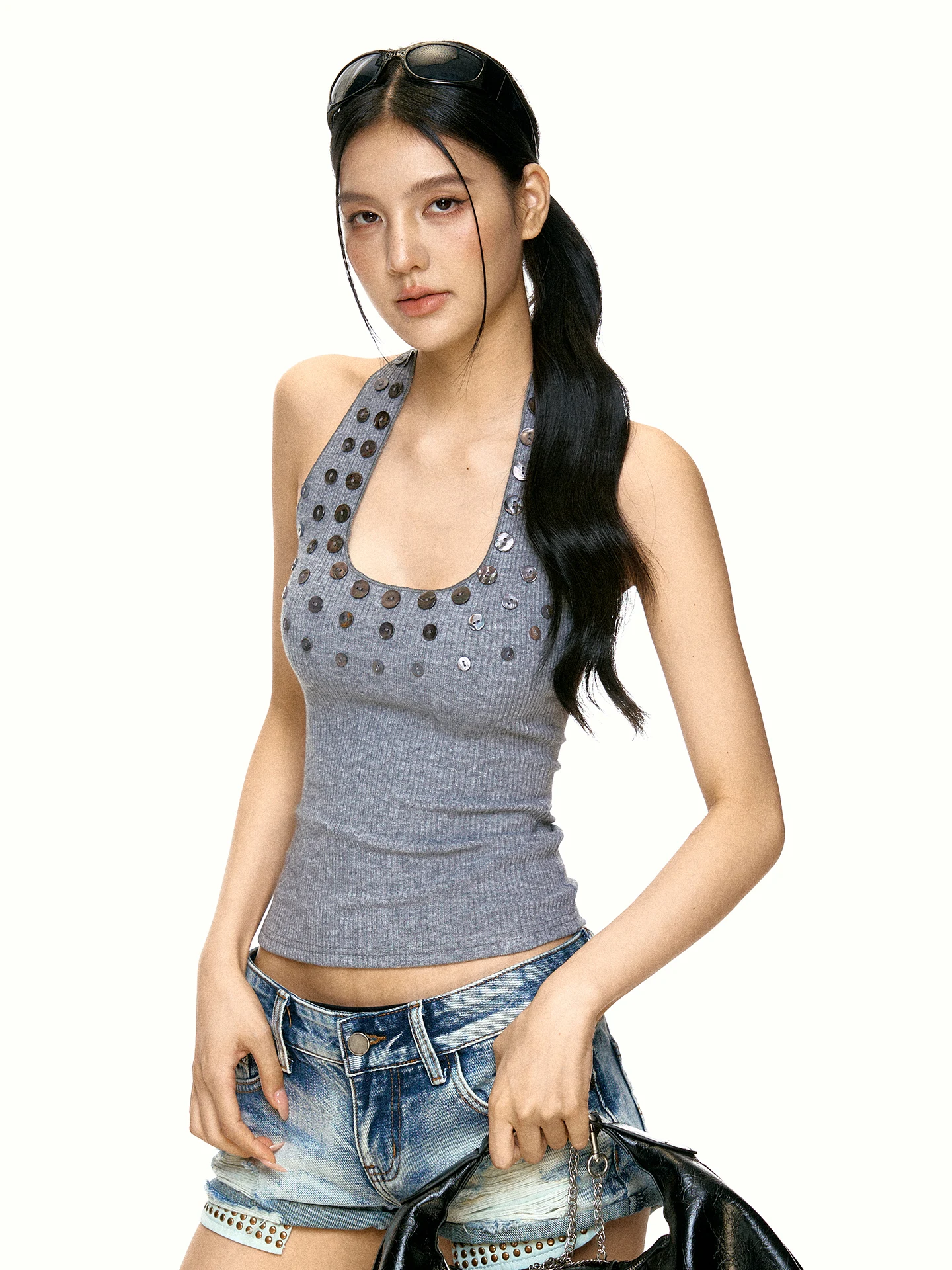 Aaisup Grey Heavyweight Button Knitted Hanging Neck Vest Women Summer Spicy Slim Fit Sleeveless Top U-Neck Short Style