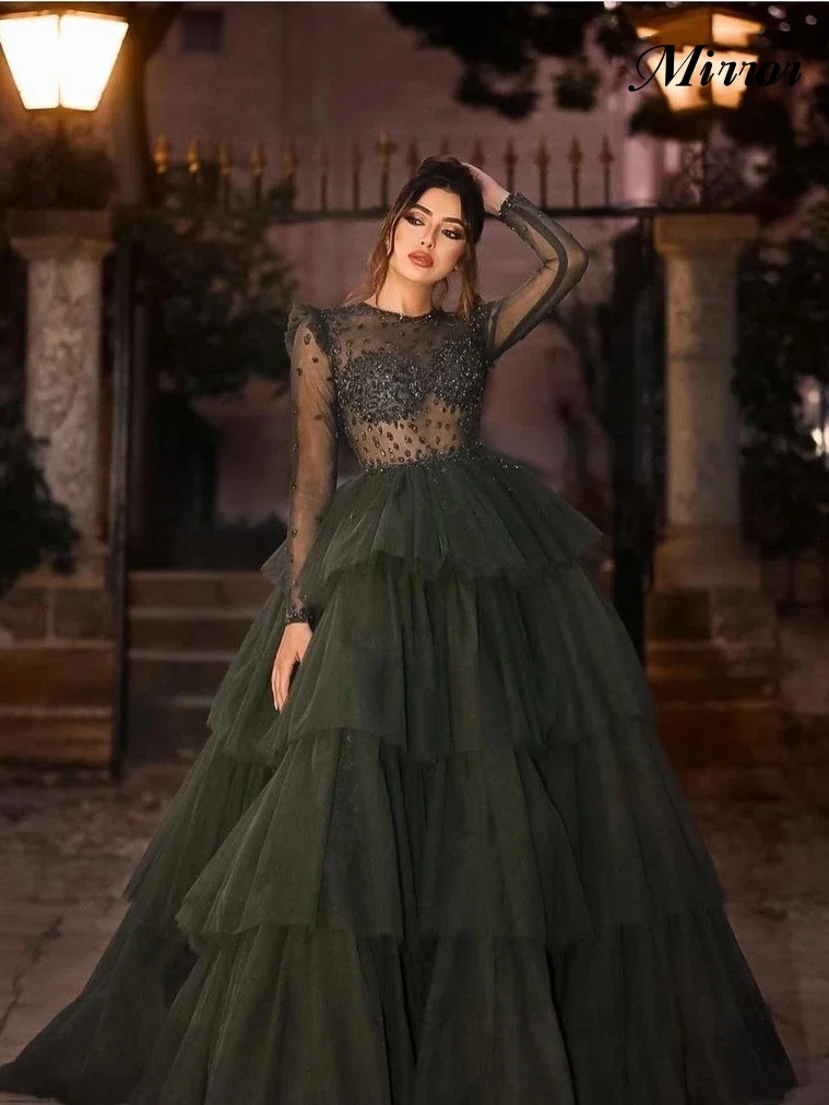 

Mirror Dress Elegant Vintage Green Crystal Sequins Beading Princess Sexy A-Line Formal Occasion Prom Dress Evening Party Gowns