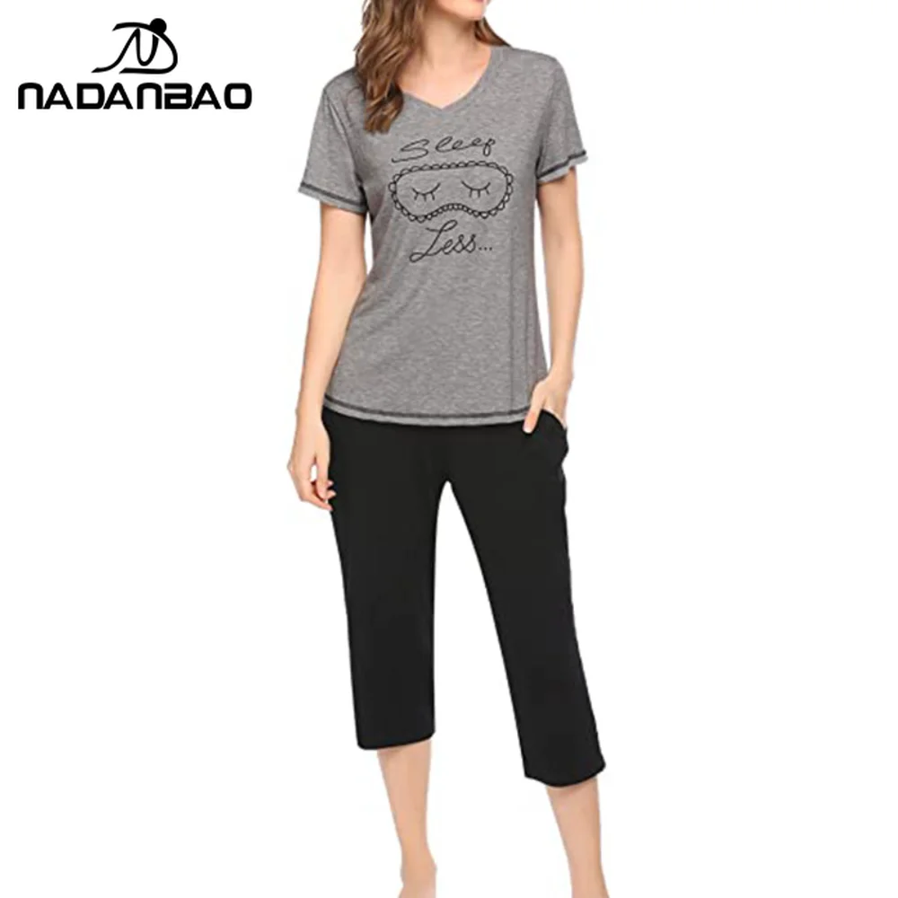 Nadanbao Set Piyama Dua Potong Musim Panas Kaus Kerah V Lengan Pendek Wanita Celana Kasual Pakaian Tidur Kasual Pakaian Pesta Piyama