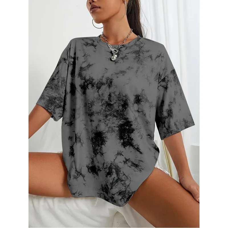 Plus Size New Women Fashion Tie Dye Contrasting Printed T-Shirt Ladies Round Neck Loose And Comfortable Short Sleeve Tops