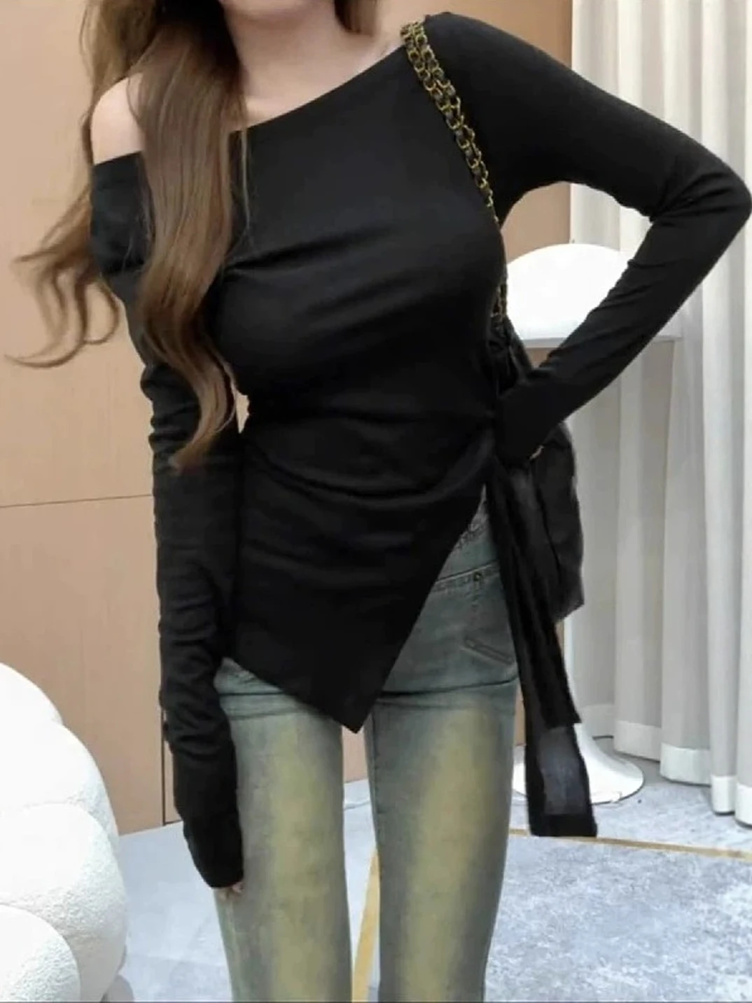 Stylish Asymmetrical Long Sleeve T-Shirt Women plus Size Korean Style Shoulder Bared Top Commute Fashion Autumn Wear