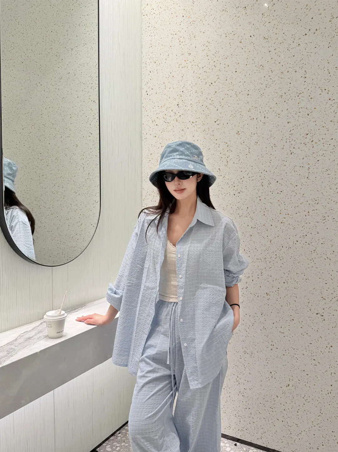 

Loose Korean Style Blue Plaid Long Sleeve Shirt Wide Leg Casual Pants Fashion Set High Waist Spring Commute Style Women's Suit