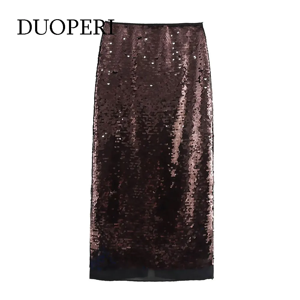 DUOPERI Women Fashion Y2K With Sequined Brown Midi Skirt Mid Waist Straight Female Chic Lady Skirts