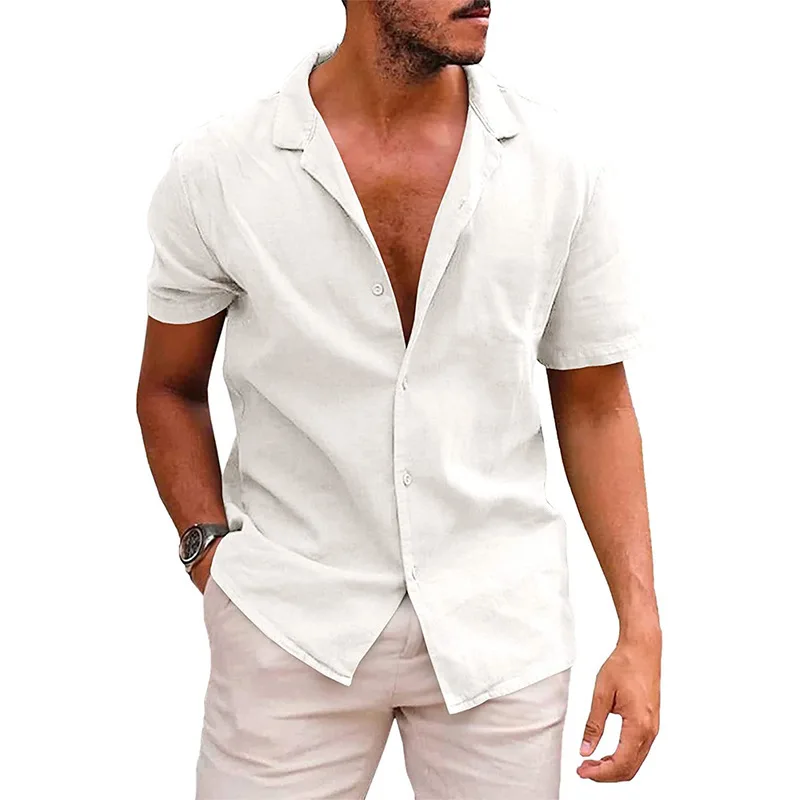 2023 Summer T-shirt Men\'s Casual Lapel Button Cotton Linen Tshirt Solid Short Sleeve Shirt