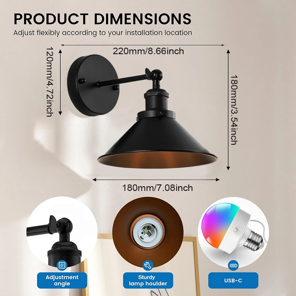 Applique murale sans fil, Rechargeable, variable, ampoule détachable, télécommande Rontrol, couleur rvb, Design Vintage pour chambre à coucher, chambre