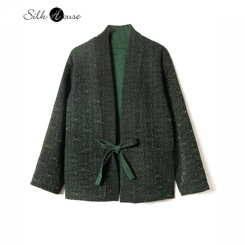 

Pine Green Auspicious Pattern Women's Fashion New Versatile 100% Natural Mulberry Silk Fragrant Cloud Yarn Double-sided Jacket