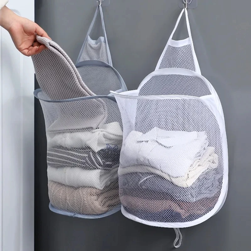 Faltbare Lagerung Wäsche Korb Organizer Schmutzige Kleidung Mesh Tasche Haushalt Wand-montiert Bad Kleidung Hängen Körbe Eimer