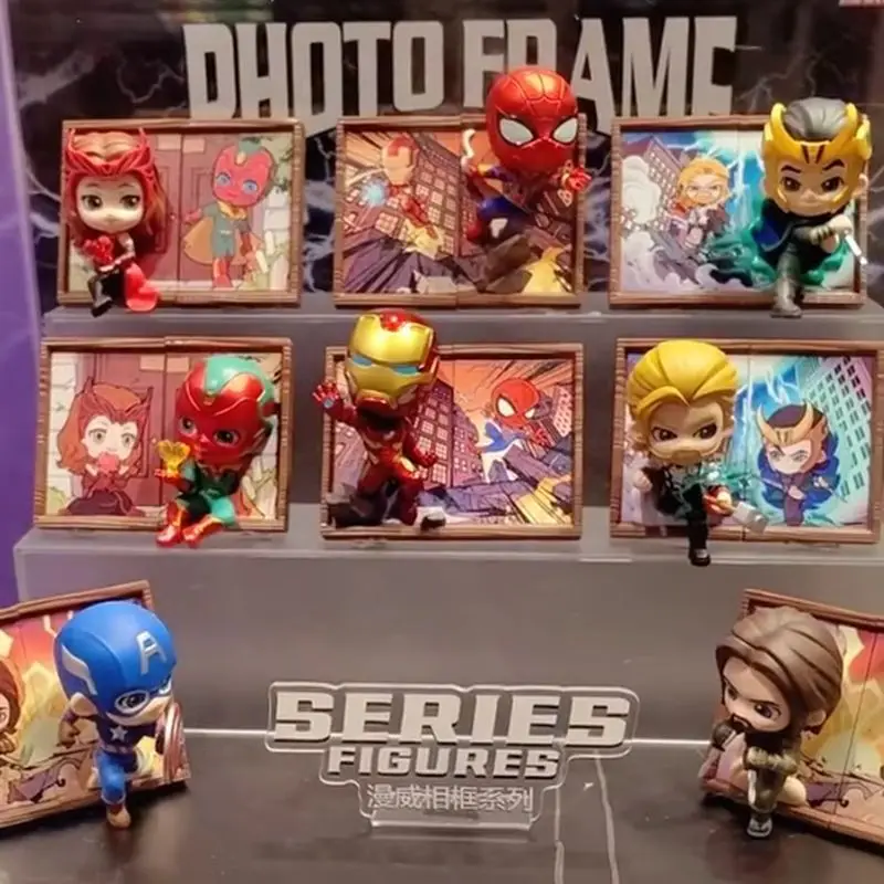 Marvel Cute Anime Figure Classic Marvel Character Photo Frame Series Blind Box Cute Loki Thor Iron Man Figurine Boy Toys Gift