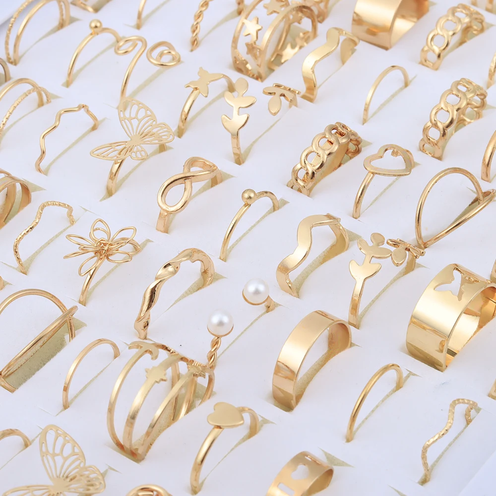 50 Pcs/Lot Hollow Pearl Vintage Butterfly Rings for Women Geometric Trendy Jewelry Accessories Party Gifts