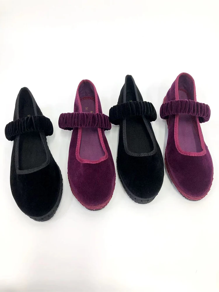 Elastic Band Velvet Mary Janes Ballet Flats Shoes Women 2024 Trend Solid Color Fabric Canvas Shoes Ladies Elegant Loafers Black