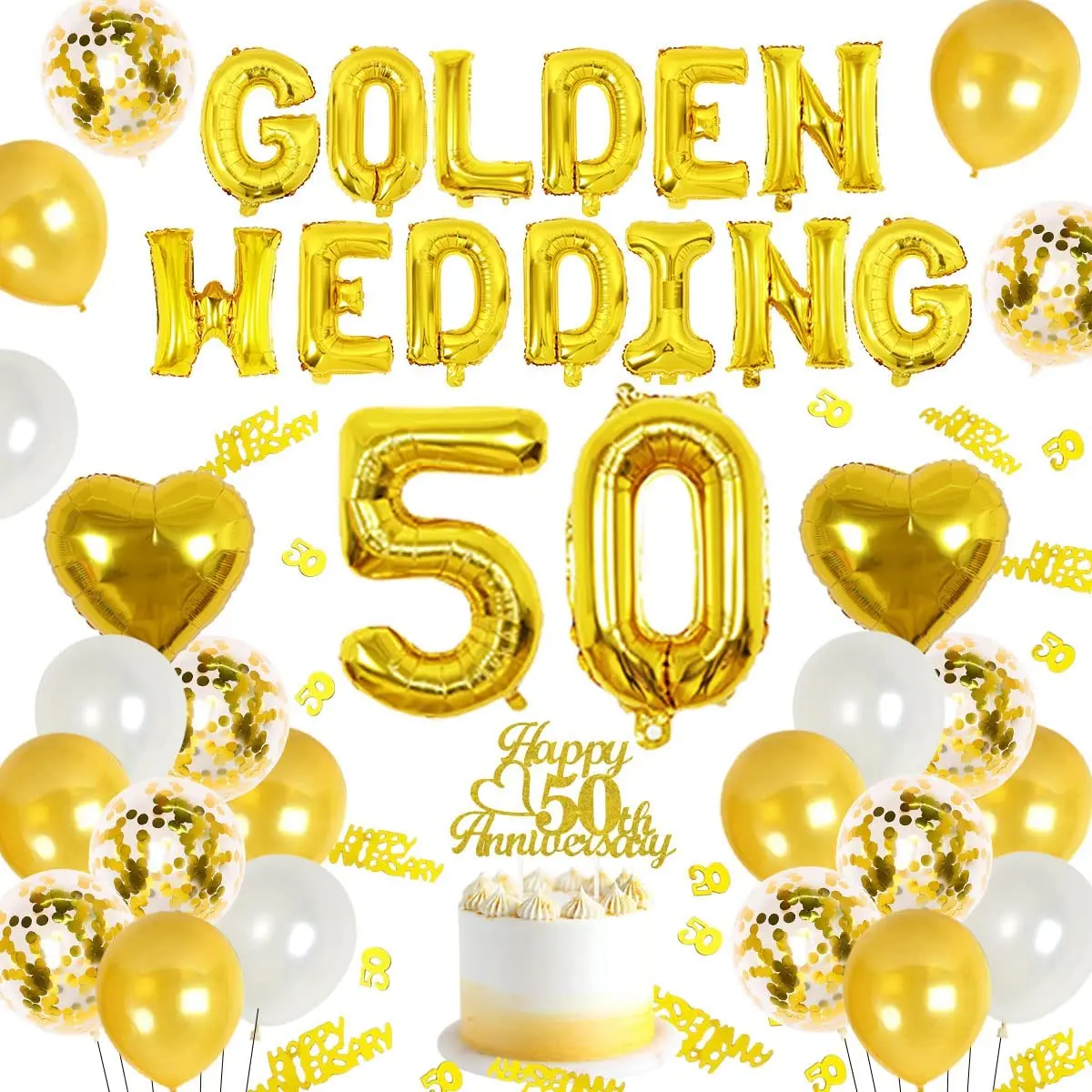 

JOYMEMO 50th Wedding Anniversary Decorations Golden Wedding Balloons Banner Cake Topper 50th Anniversary Decor Party Supplies