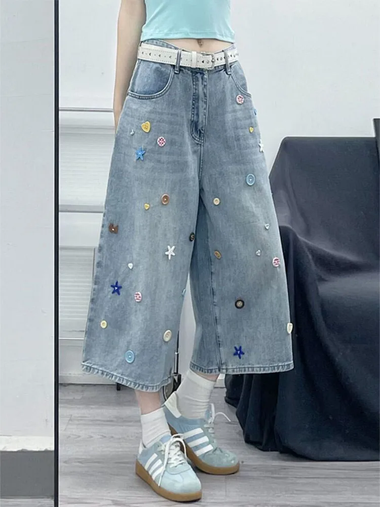 

Loose Fit American Retro Button Denim Shorts Women Summer Straight Leg Wide Leg Seven Eight Five Pants Jeans