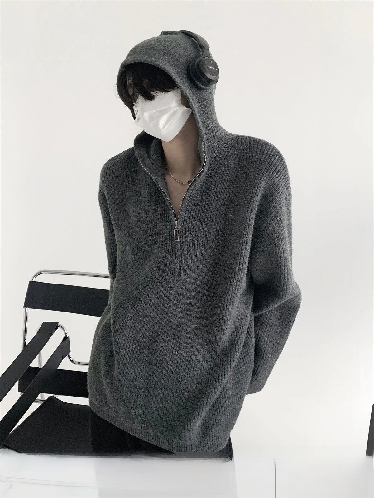 Lazy Men's Knitted Hoodie Sweater Half Zip Cleanfi Autumn Mountain Wind Casual Loose Fit Long Sleeve Breathable Comfortable