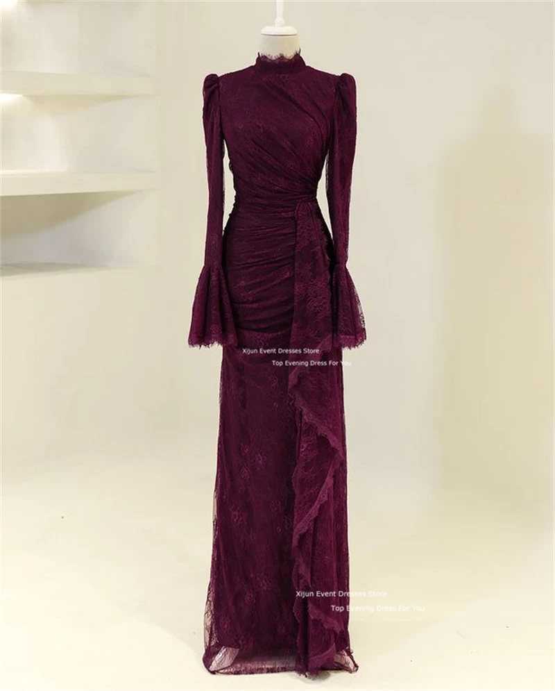 Xijun Modest Full Lace Long Evening Dresses High Collar A-Line Prom Dresses Muslim Moroccan Kaftan Formal Prom Gowns Customized image 2