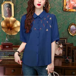 New Women's Summer Art Solid Colors Turn-down Collar Button Fashion Elegant Cotton and Linen Embroidery Short Sleeve Shirt Tops