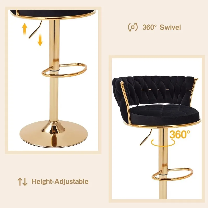 Adjustable Bar Stool Height Stool with Back and Armrests Woven Kitchen Island Stool with Metal Legs and Base 360° Swivel Chair