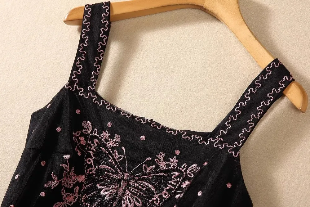 Vestido de malla transparente con bordado de flores y lunares para mujer, traje de verano con Espalda descubierta, tirantes finos