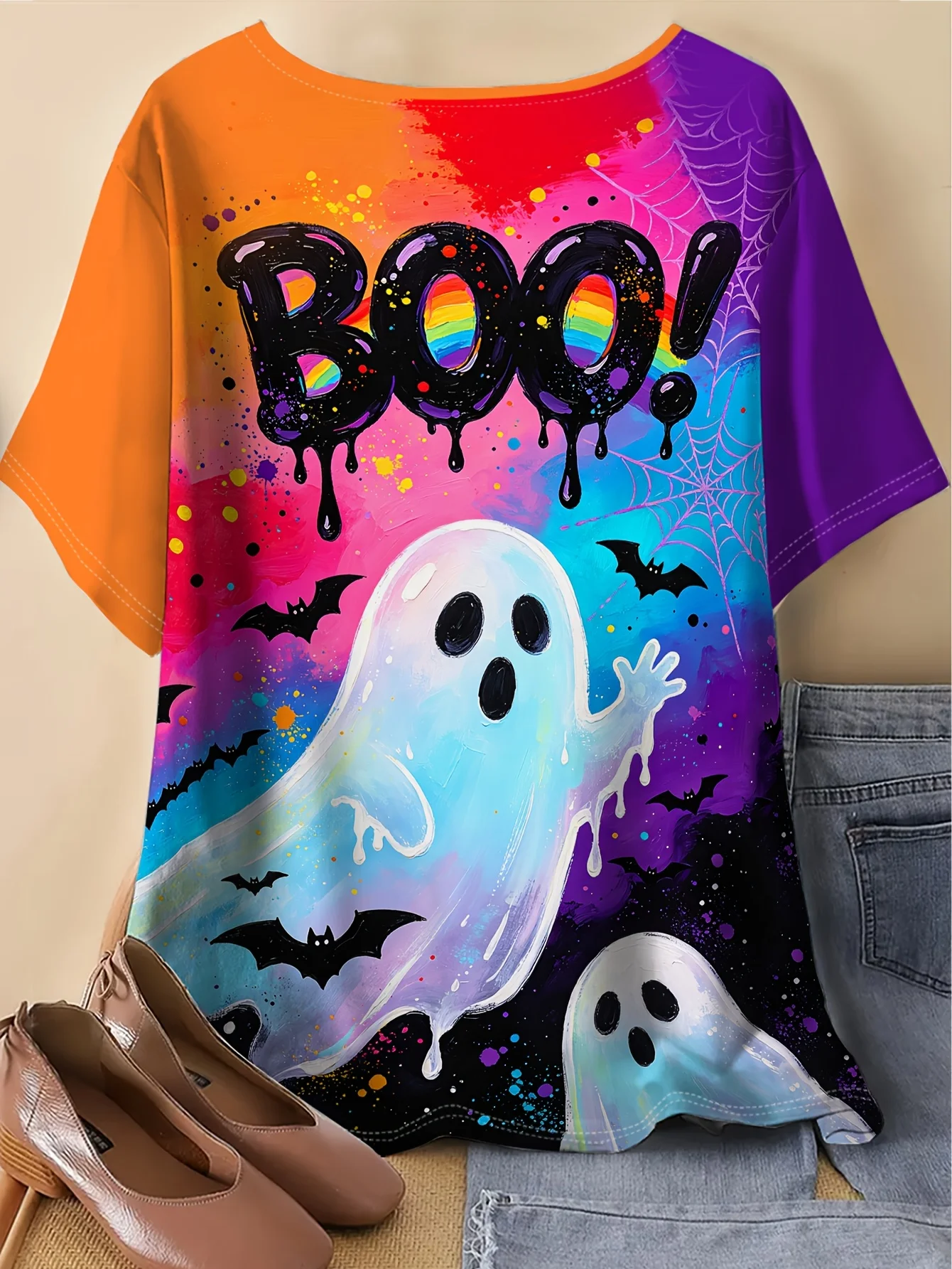 Women Halloween Boo Ghost Print T‑Shirt Colorful Bat O‑Neck Short Sleeve Casual Tops