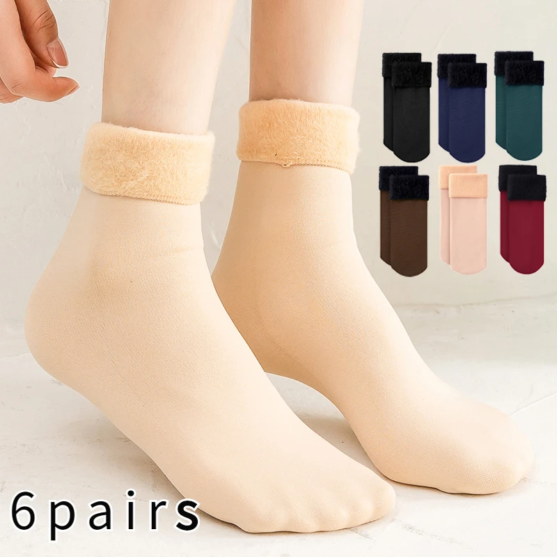

6 Pairs/Lot Winter Warm Solid Women Socks Thicken Thermal Sock Wool Cashmere Black Skin Seamless Snow Sock Velvet Unisex Sox