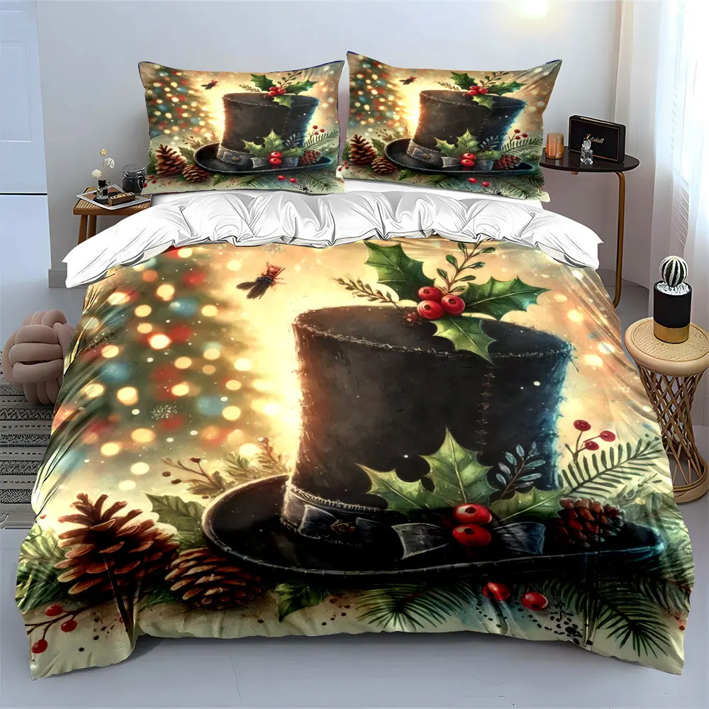 Festive Top Hat with Merry Christmas Background Print Duvet Cover Bedding Set Included 1*Duvet Cover 2*Pillowcases