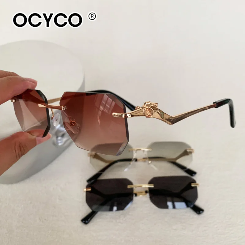 OCYCO Fashion Rimless Sunglasses Men Trendy Vintage Cheetah Head Alloy Frameless Eyeglasses For Man Luxury Driving Sun Glasses