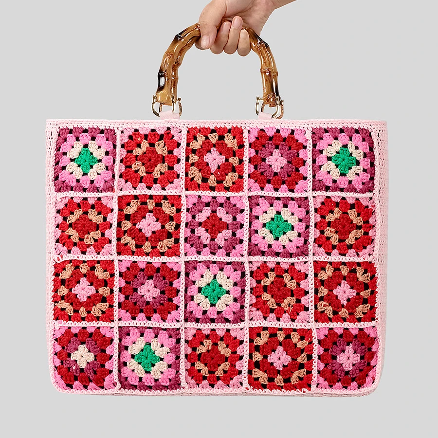 Fashion Granny Square Weave Women Handbags Behemian Knitting Bamboo Handle Large Tote Bag Candy Color Big Female Shopper Purses