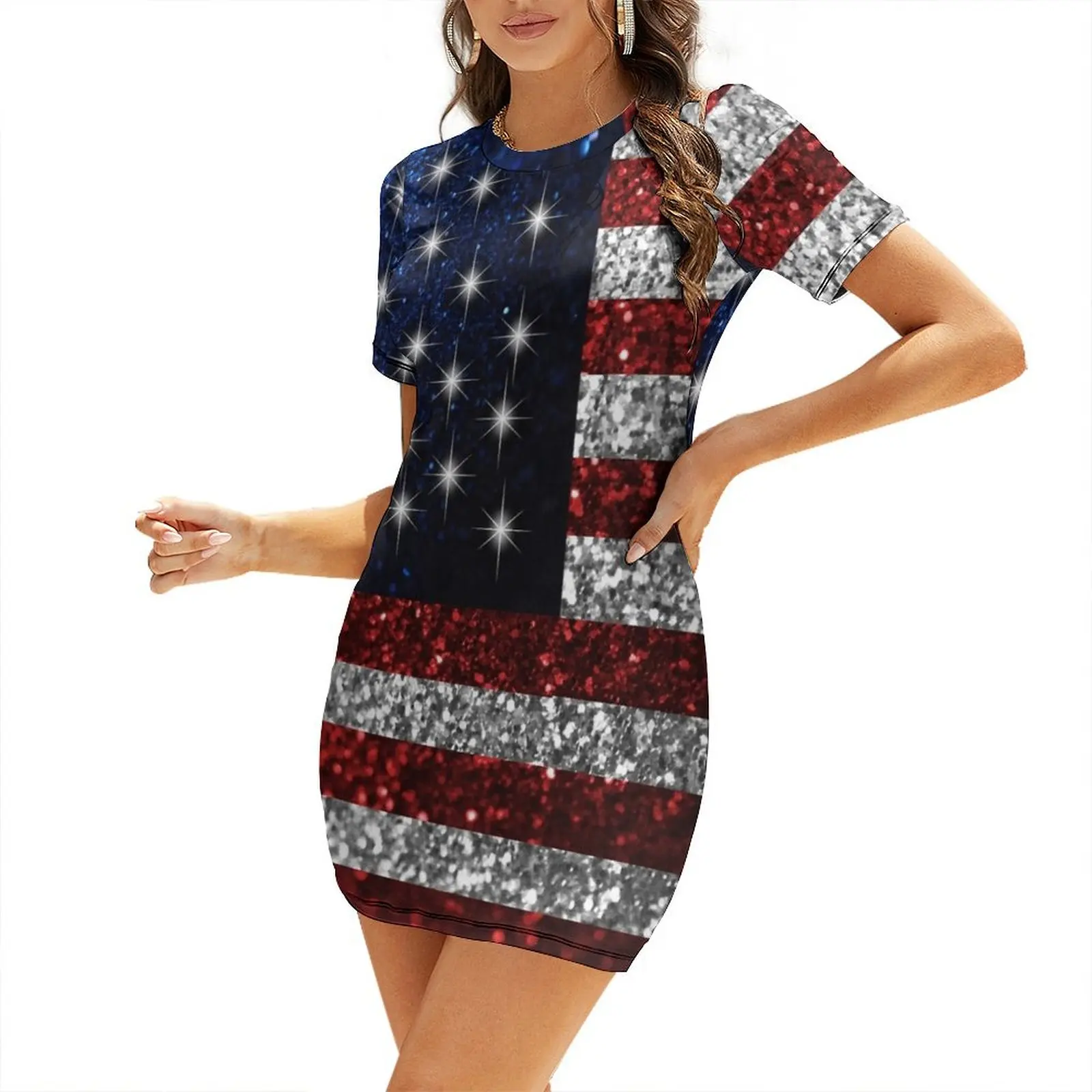 

American Flag in Glitter Graphic Short Sleeved Dress Women's clothing Bridesmaid dress woman Dress women women clothes