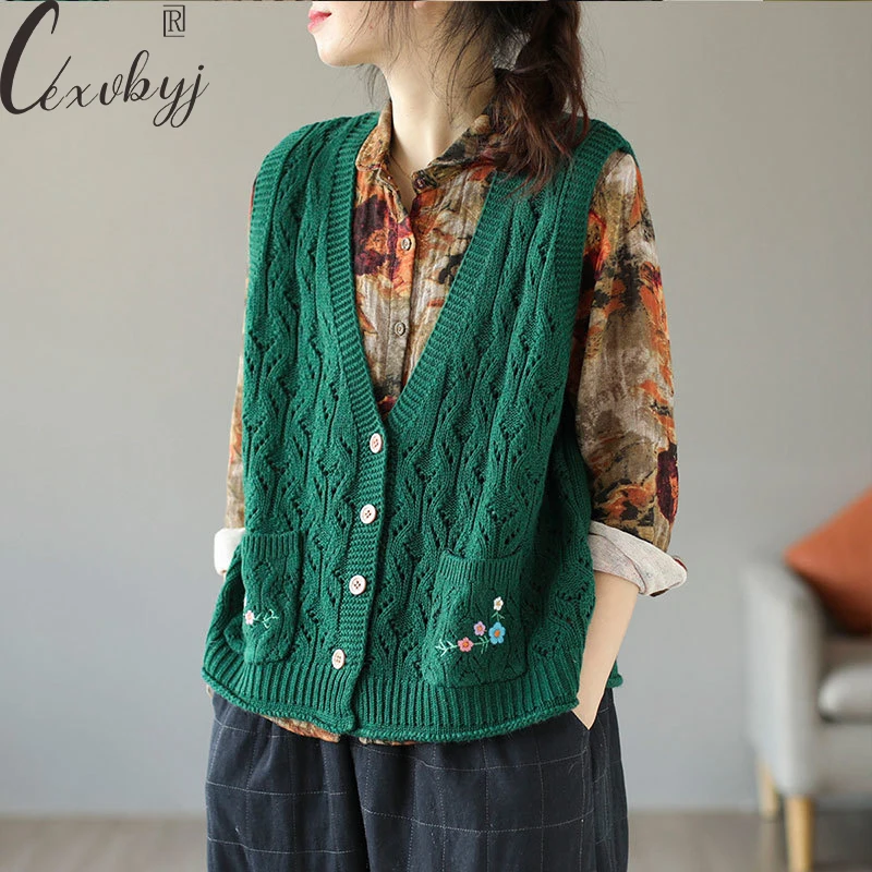 Women Vintage Print Embroidery Sweater Vest Autumn Winter Single Breasted Hollow Out Cropped Waistcoat All-Match Sleeveless Tops