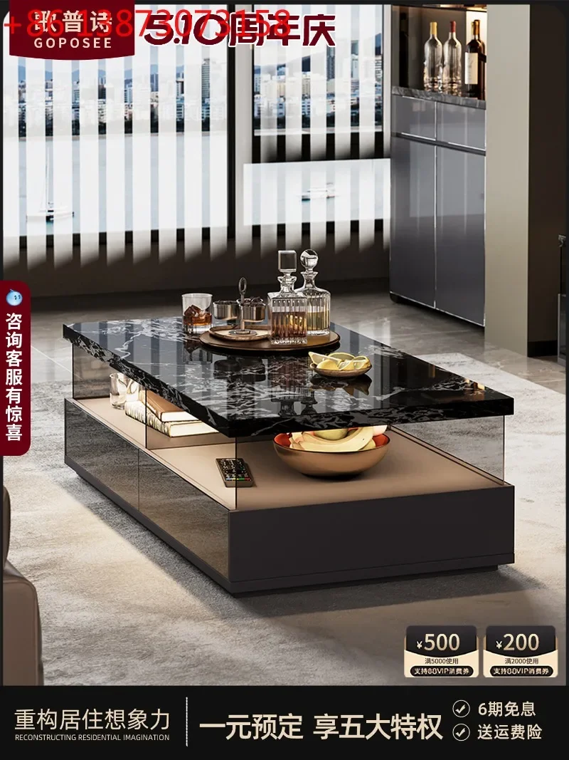 

Italian minimalist rock slab living room home black 2026 new high-end glass coffee table with lamp