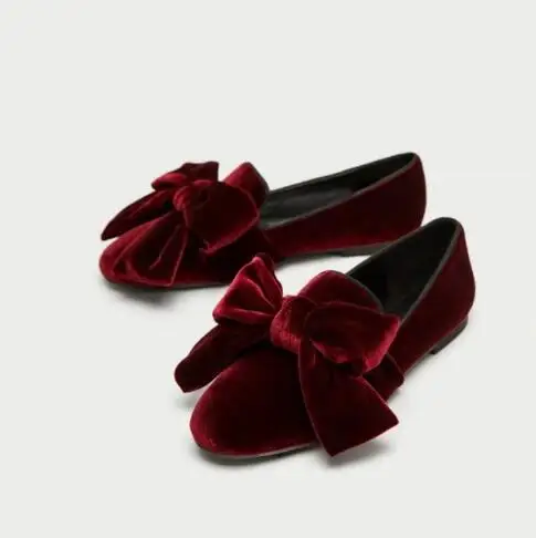 Elegant Women Burgundy Velvet Round Toe Big Butterfly Knot Front Slip On Casual Loafers Girls Comfortable Low Top Casual Flats