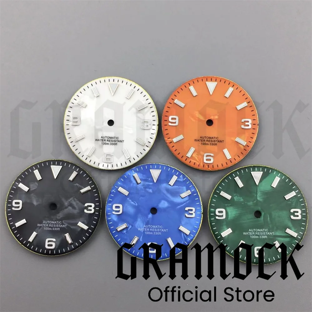 Gramock 29mm Watch Dial Green Luminous Shiny Sterile Watch Faces with Date Watch Accessory Suitable for NH35 Movement