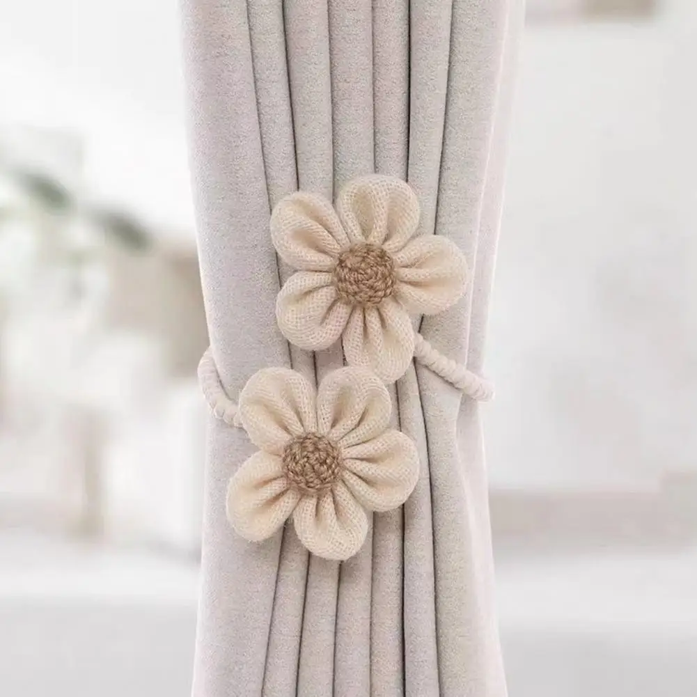 2Pcs Flower Curtain Tiebacks Handmade Boho Style Sunflower Curtain Holdbacks Linen Window Curtain Rope Ties for Home Office Deco