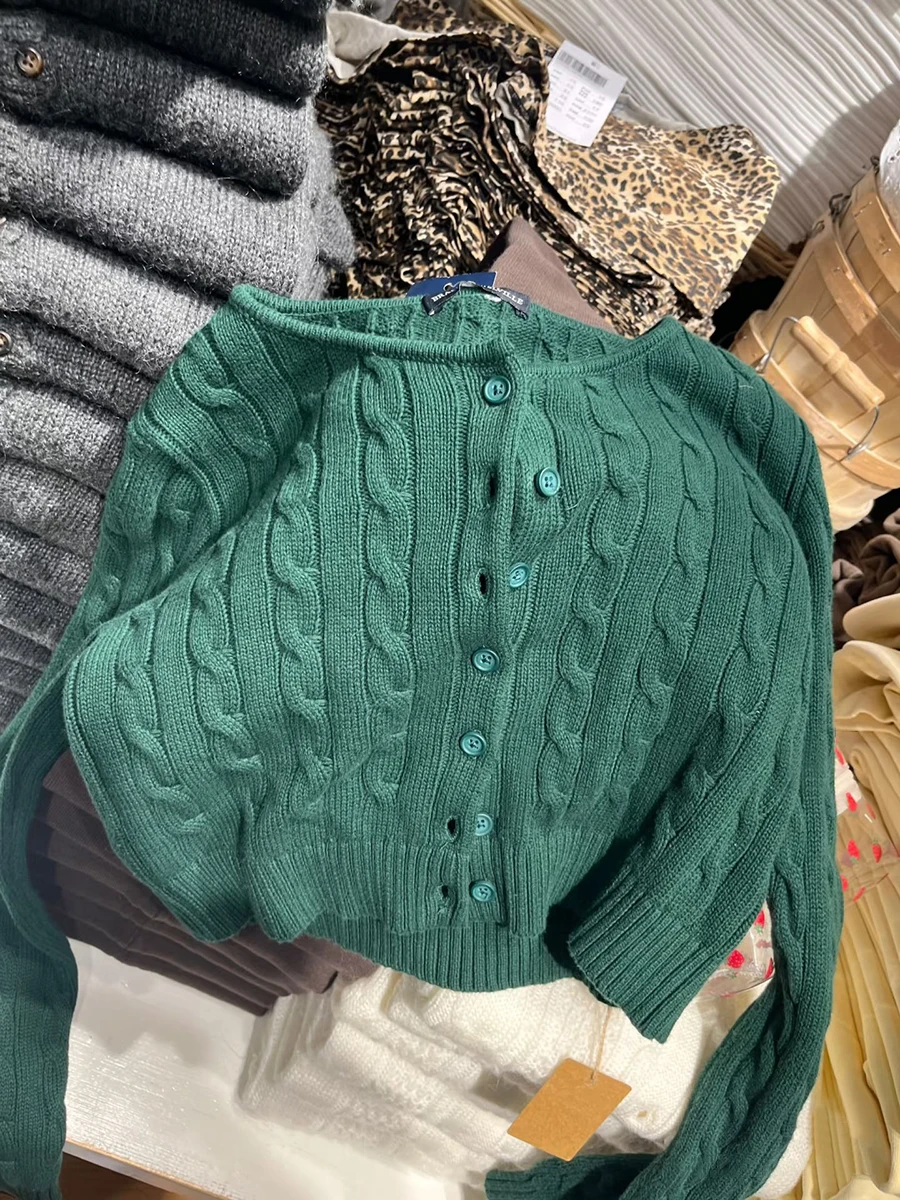 

Новый зеленый укороченный свитер, кардиган, женский весенний хлопковый тонкий трикотаж с круглым вырезом и длинными рукавами, повседневные винтажные укороченные топы в консервативном стиле