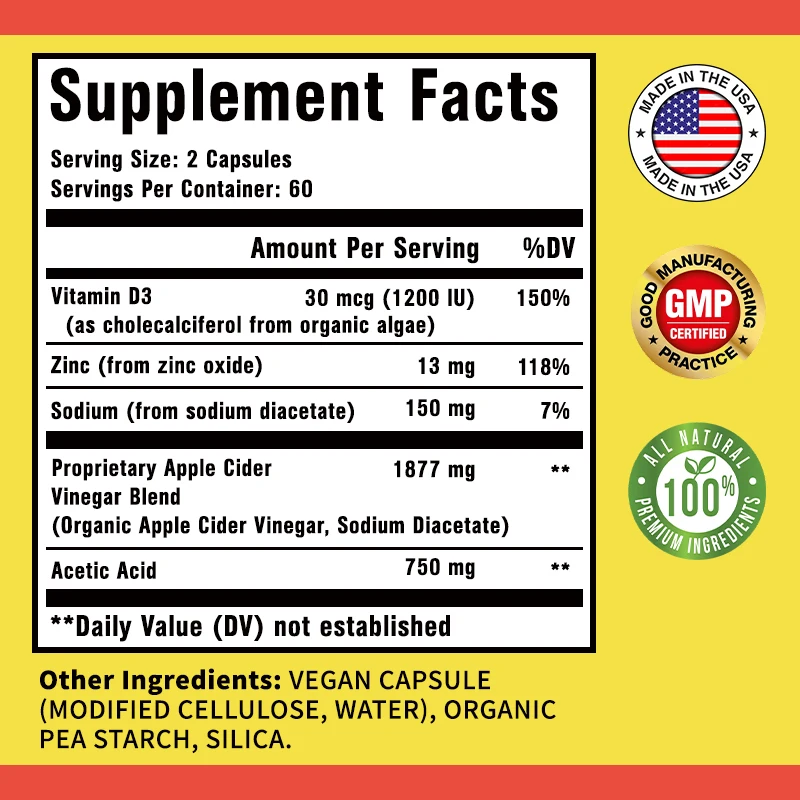 Supplément au vinaigre de cidre de pomme, stimule le métabolisme, mainAF, recyclage sain du cholestérol, contient de la vitamine D3 et du zinc