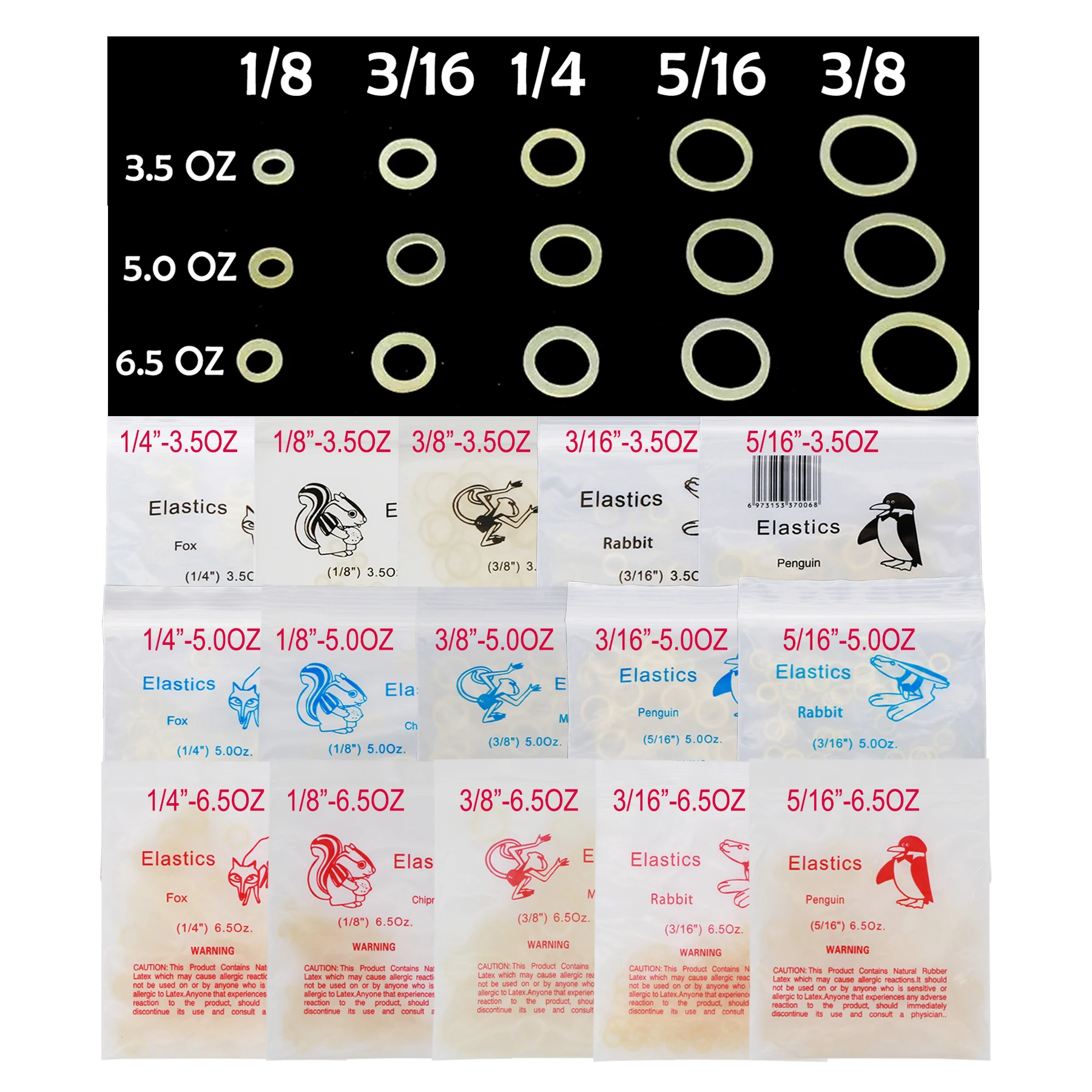 10Packs/1000Pcs Dental Orthodontic Elastics Latex Rubber Bands 1/4 1/8 3/8 3/16 5/16 3.5OZ 5.0OZ 6.5OZ Use For Brackets Braces