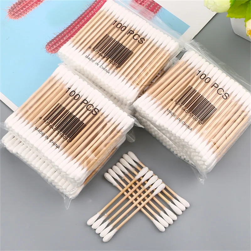 100/200/500 قطعة مزدوجة الرأس أعواد قطنية النساء ماكياج أعواد قطنية تلميح ل العصي الخشبية آذان الأنف تنظيف أدوات الرعاية الصحية