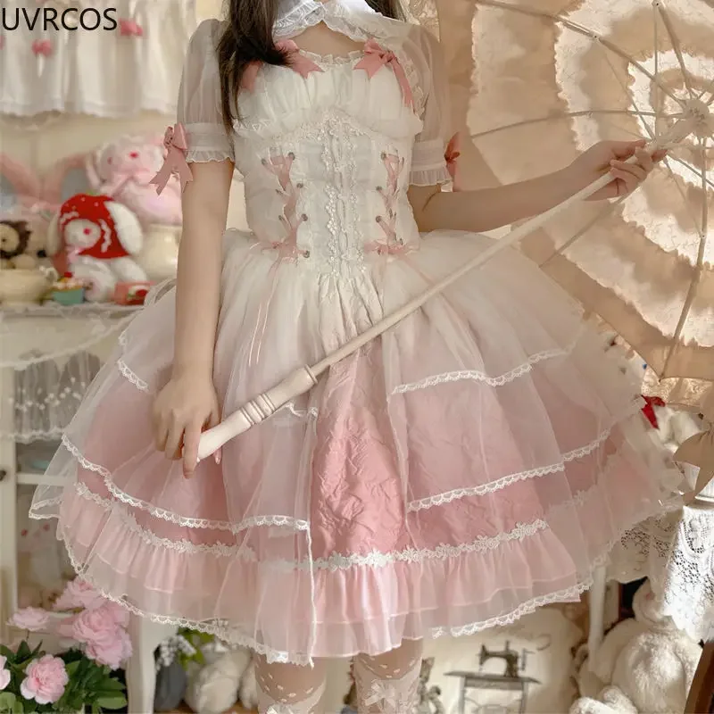 Pink Kawaii Gradient Color Lolita Dress Women Sweet Slim Bandage Bow Flower Dresses Female Vintage Elegant Fairy Party Dress Set