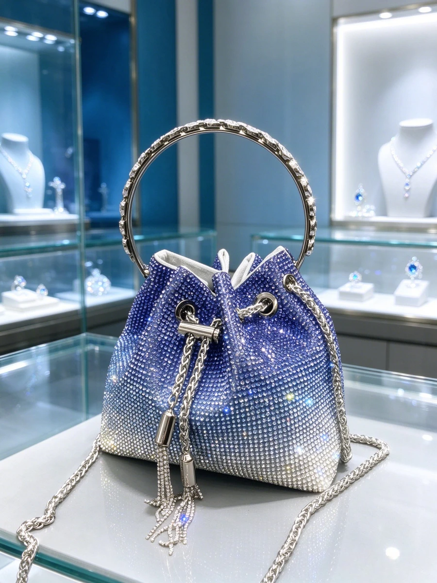Women Blue Gradient Full Rhinestone Drawstring Bucket Handbag, Elegant Crystal Ring Handle Bag With Tassel Banquet Party Events