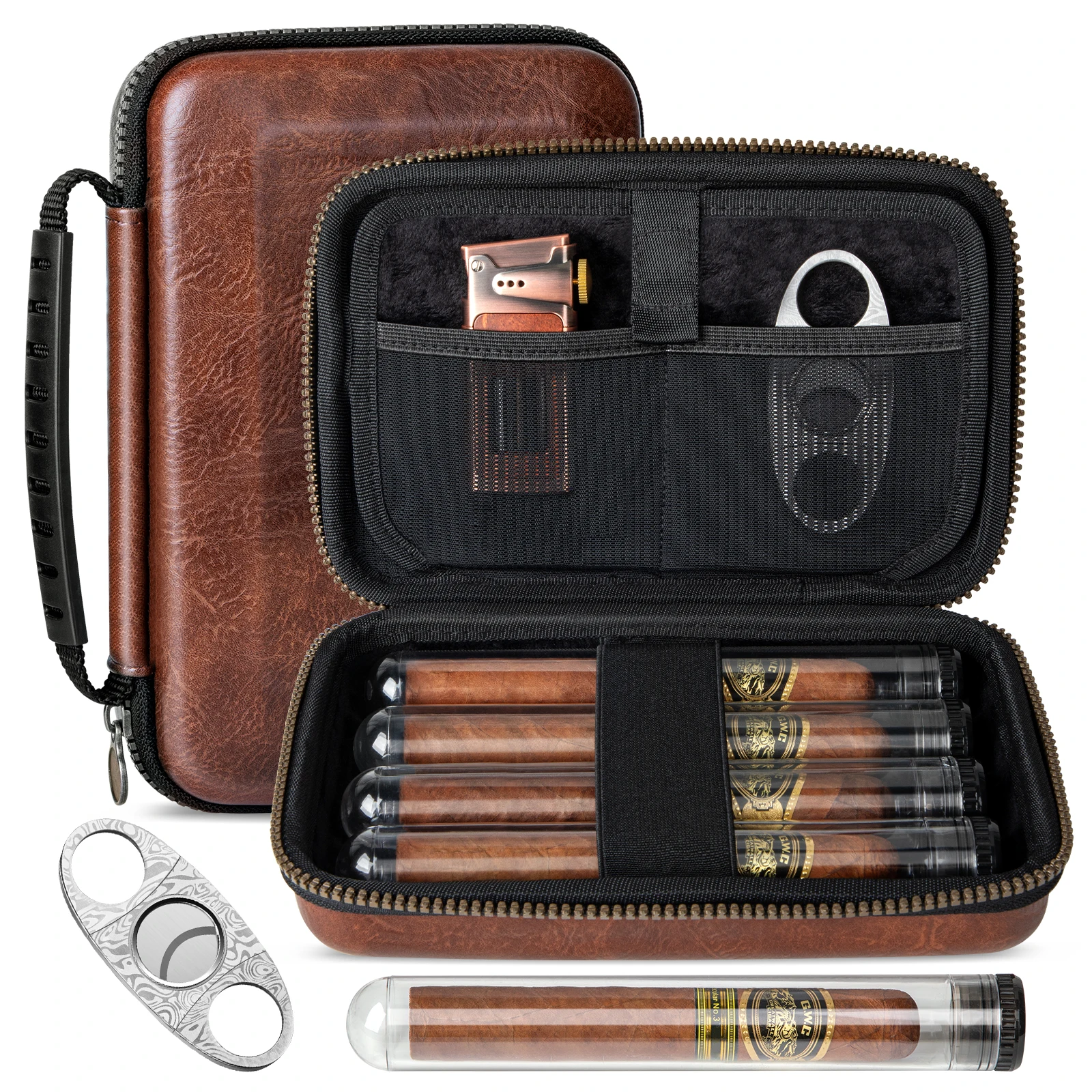 

Travel Cigar Humidor with 4 Cigar Tube,Leather Portable Cigar Humidor Include Cigar Cutter,Cigar Accessories Gift Set for Men