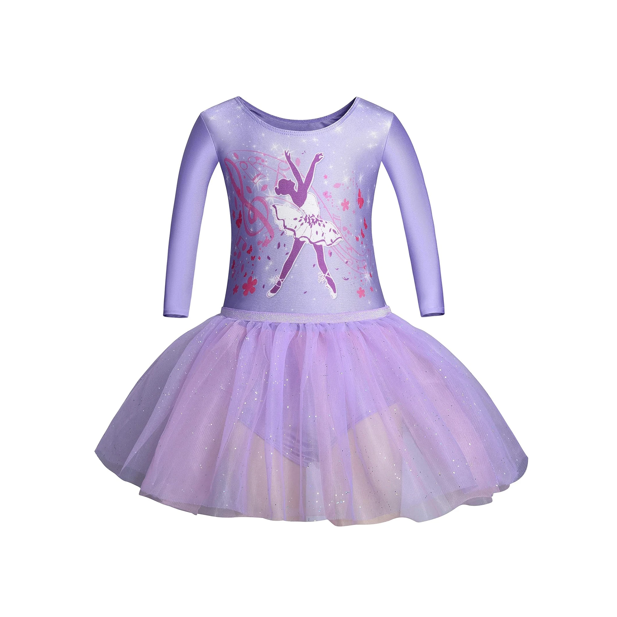 Girls’ 3/4 Sleeve Leotard Dance Ballet Dress Kids’ sparkle Tutu Skirt and Waistband