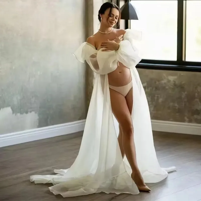 Boho Umstands-Fotoshooting-Chiffonkleid mit Rüschenhals, Laternenärmeln und Krawattenkordel, Schwangerschaftsrobe für die Babyparty